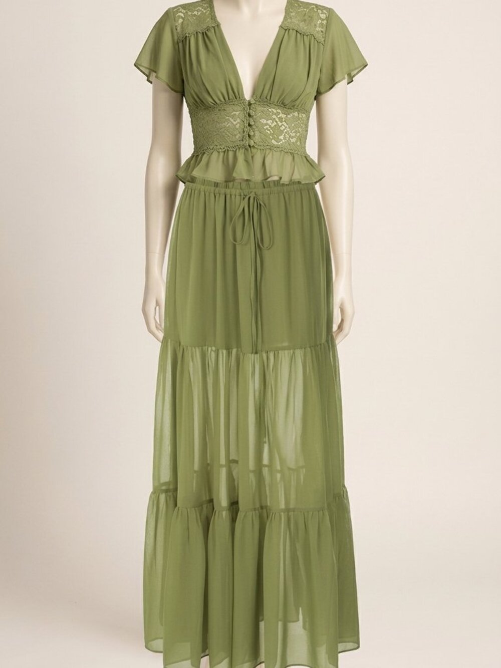 Hugcitar Green V-Neck Long Sleeve Chiffon Two Piece Long Skirt Set M